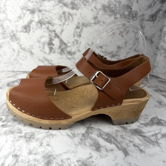 MIA Sweden Womens Anja Open Toe Clog Size 40 US 9 Luggage Brown Leather - Picture 3 of 9